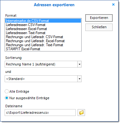Adressen Exportieren Dialog
