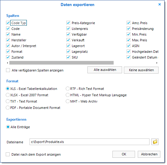 Daten Export Dialog