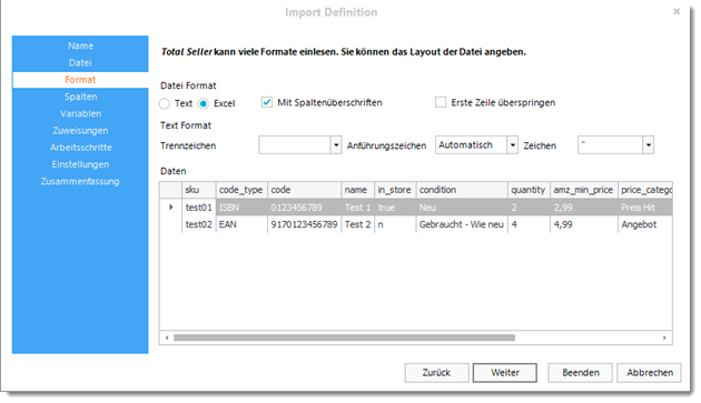 Import Format festlegen